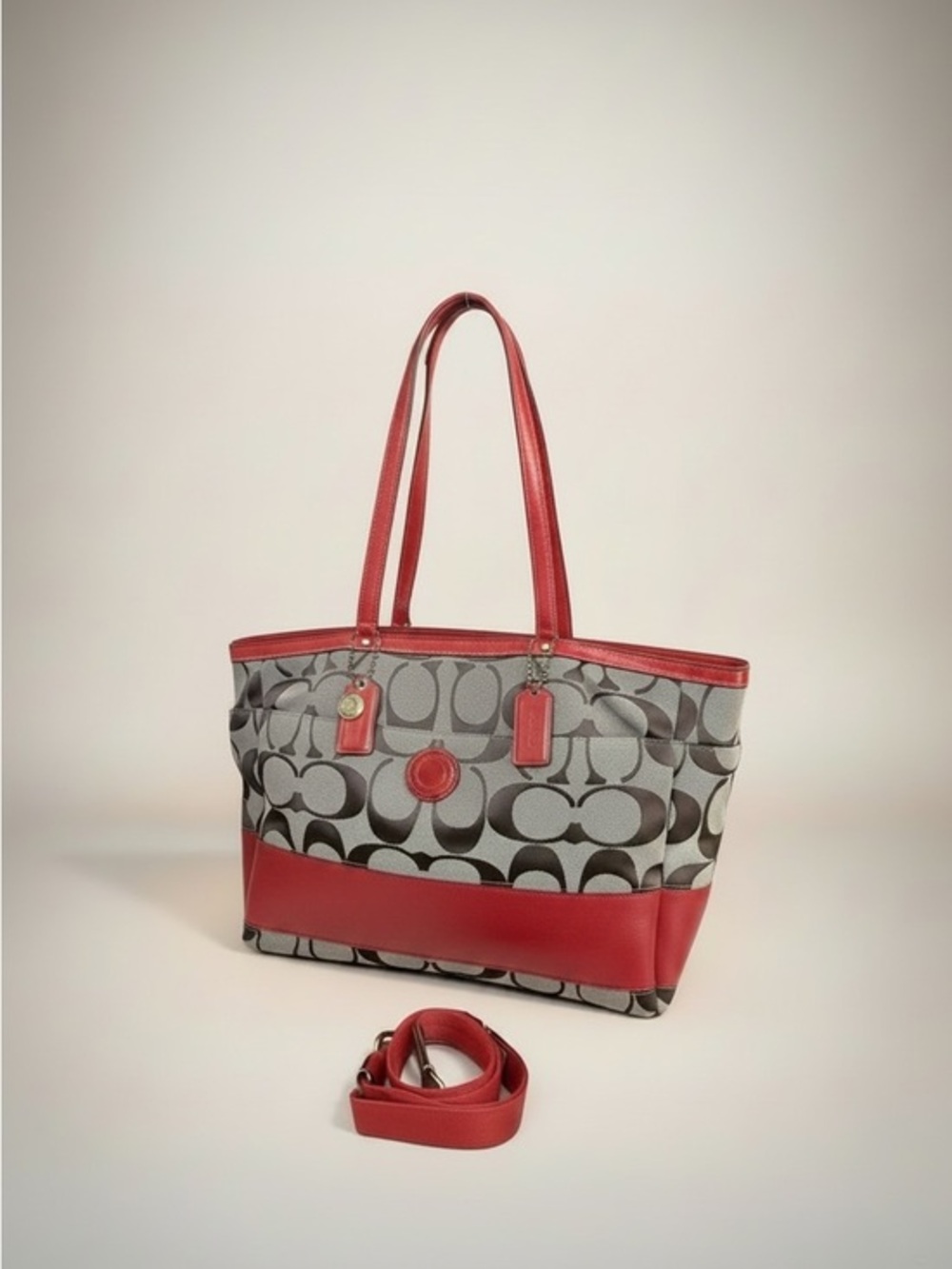 Coach Signature Tote Bag Coral Red Leather Trim Crossbody Strap F10202